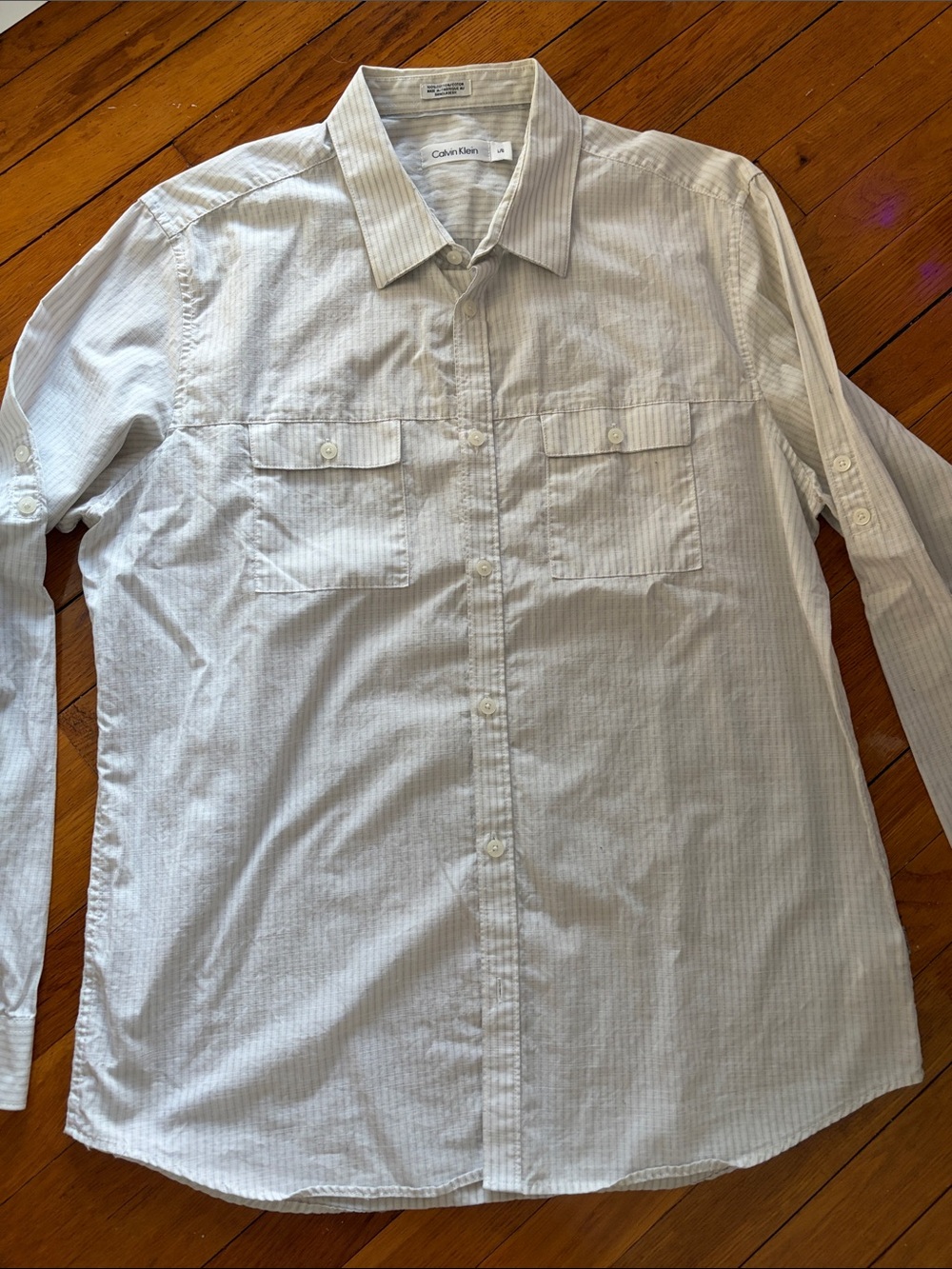 Calvin Klein Men's White Pinstriped Button-Down Shirt
